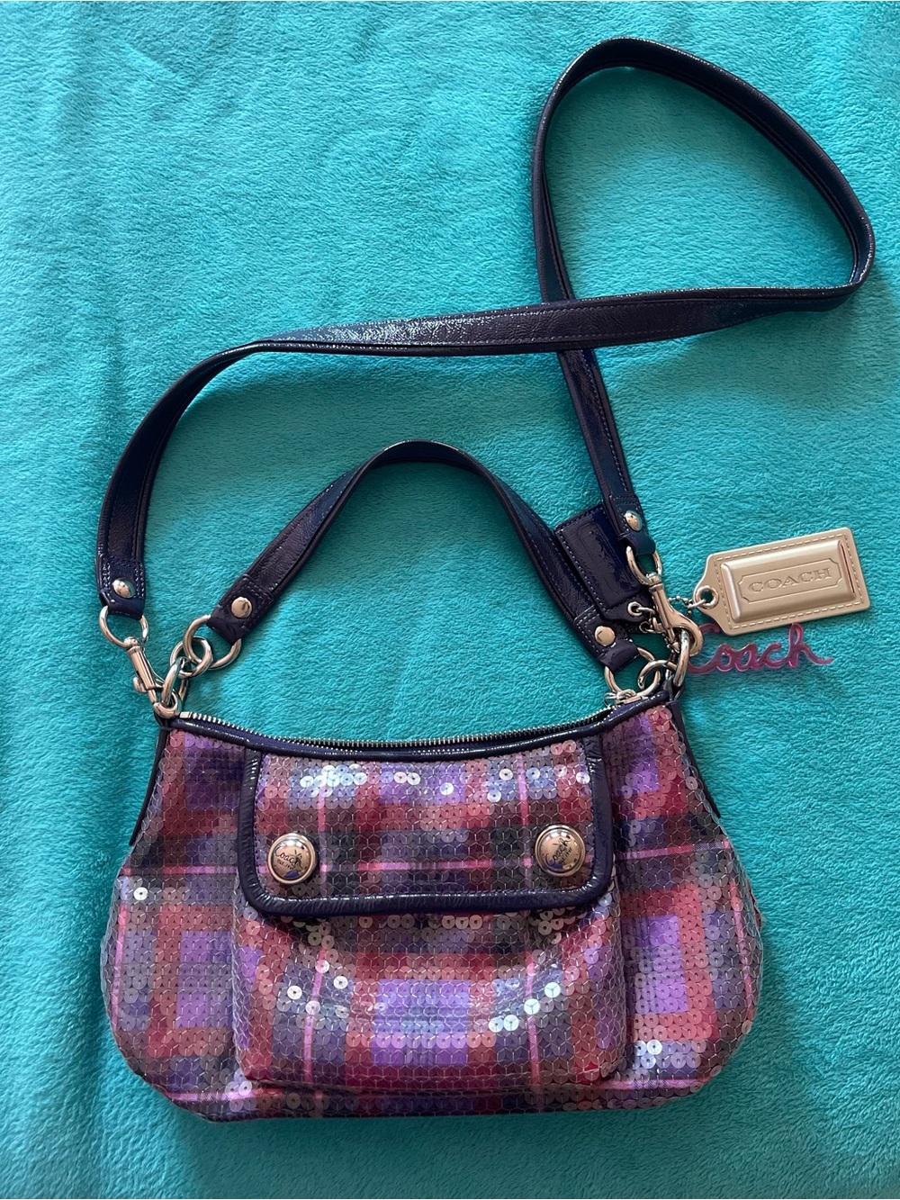 Coach Purple Multi Sequin Plaid Crossbody Bag
